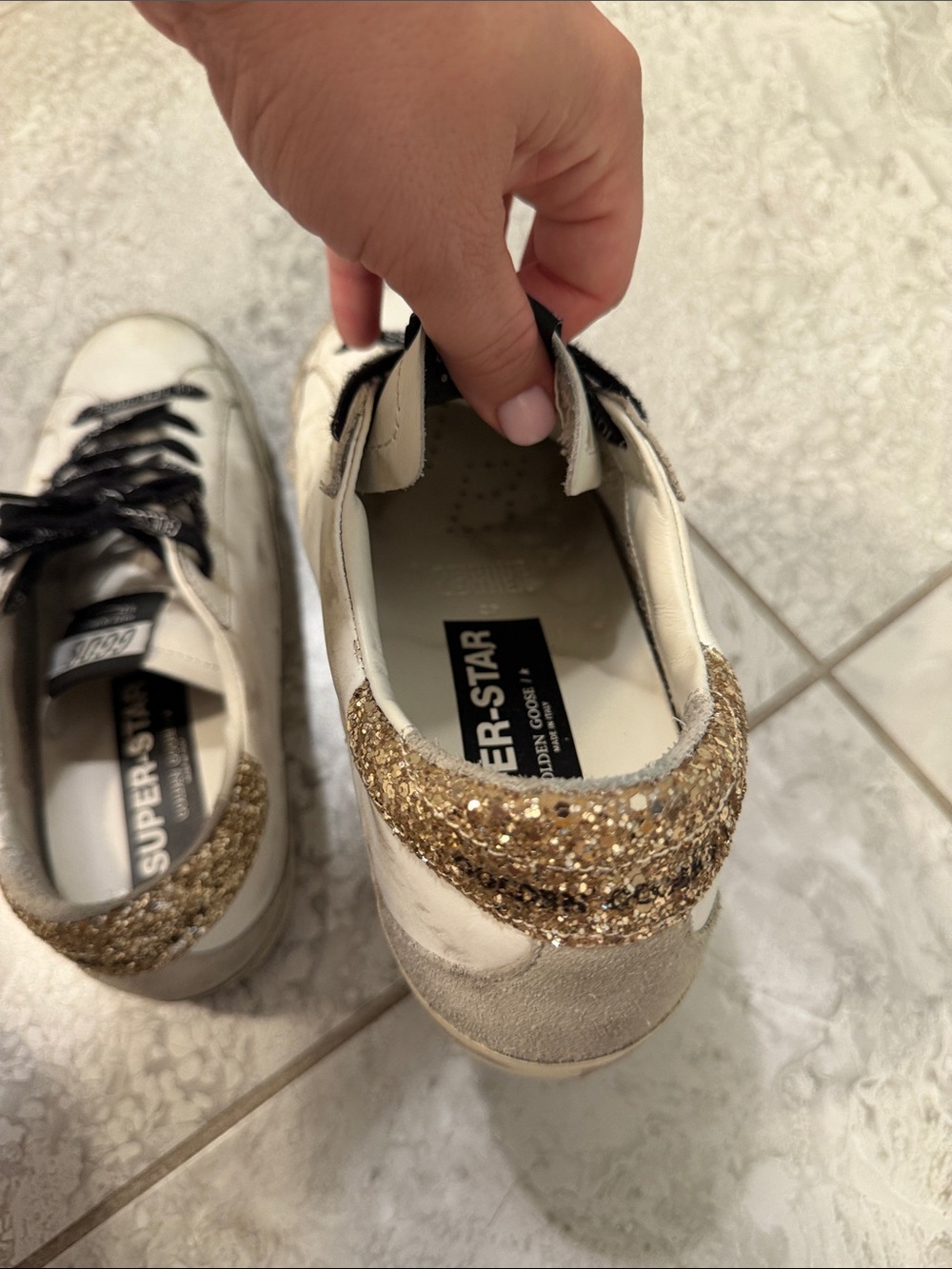 Golden Goose White Leather Sneakers with Silver Star and Gold Glitter Heel - Picture 7 of 7